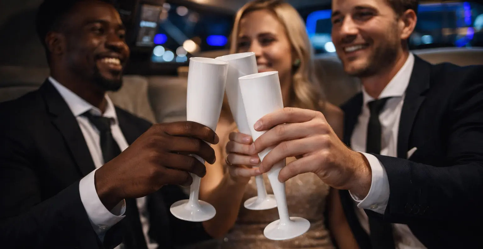 Three people in formal attire clinking white plastic champagne flutes together in a celebratory manner.