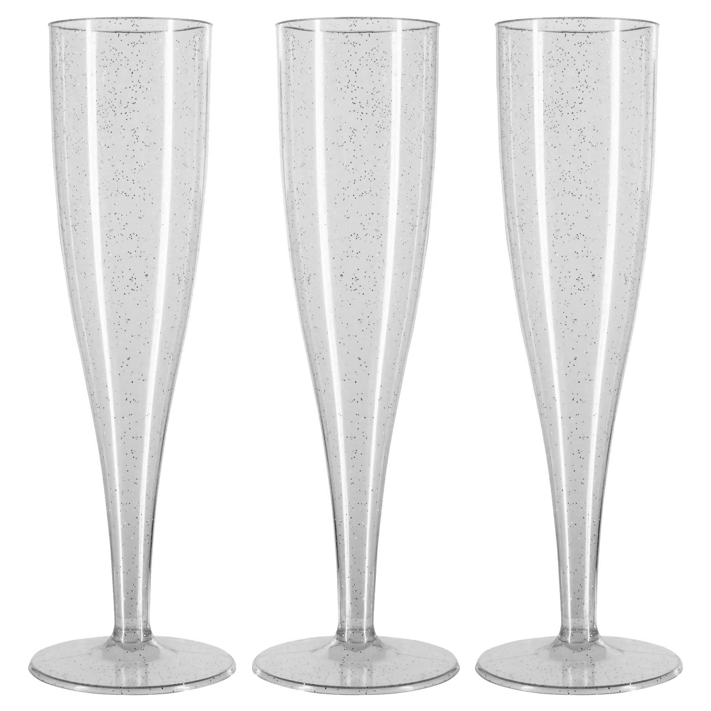 50 x Silver Glitter Disposable Plastic Prosecco Flutes 175ml 6oz