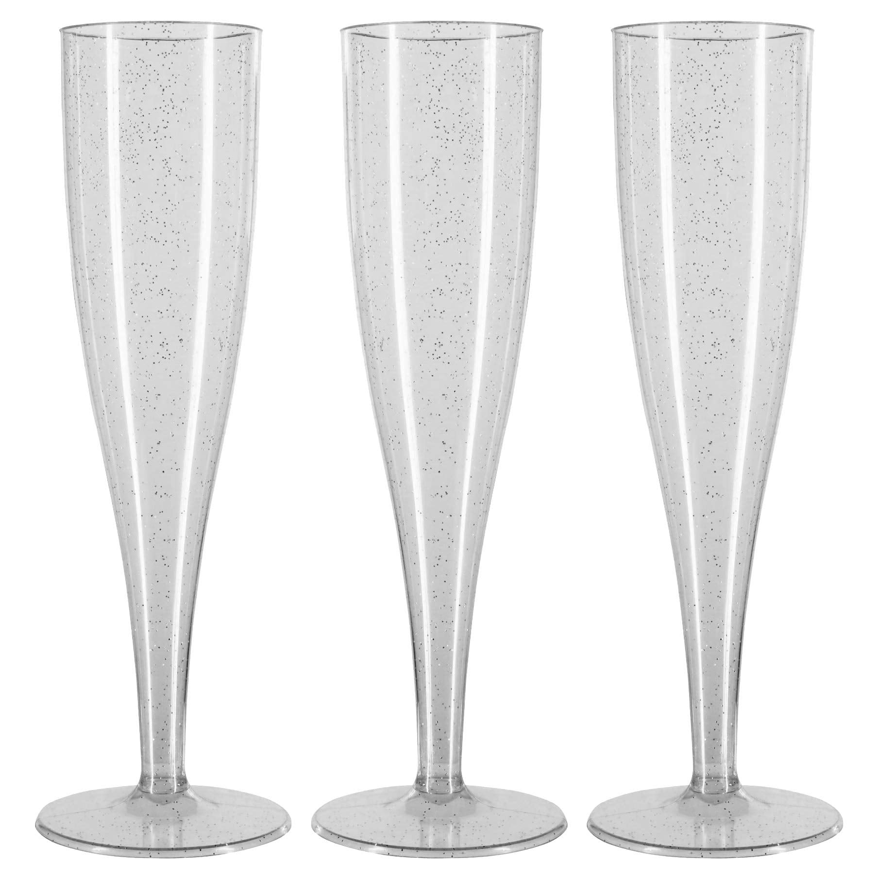 50 x Silver Glitter Disposable Plastic Prosecco Flutes 175ml 6oz