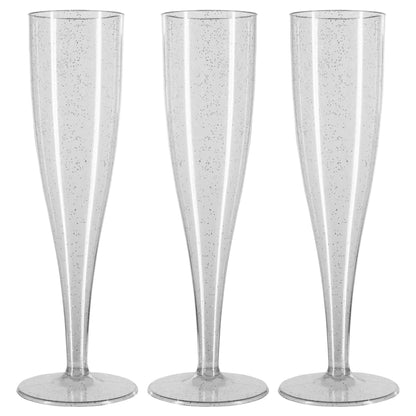 50 x Silver Glitter Disposable Plastic Prosecco Flutes 175ml 6oz