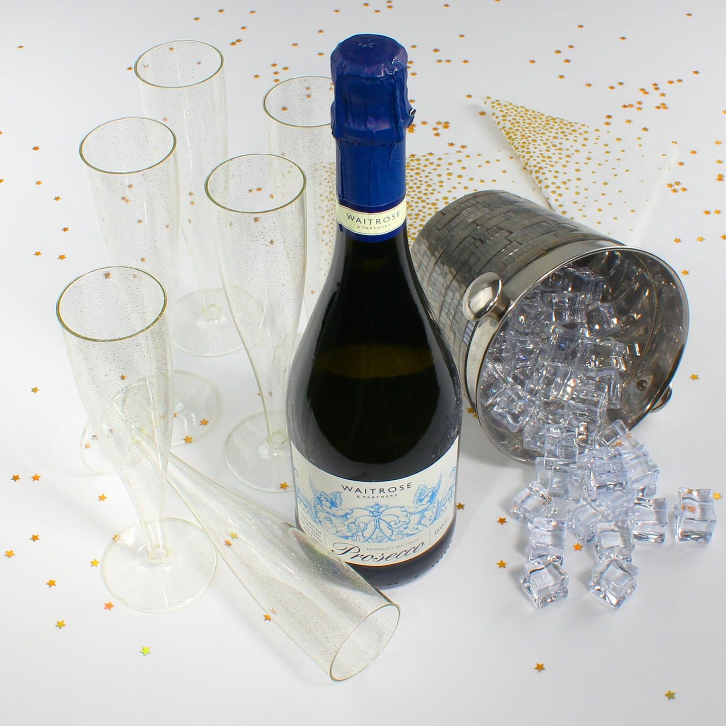 50 x Gold Glitter Disposable Plastic Prosecco Flutes 175ml 6oz