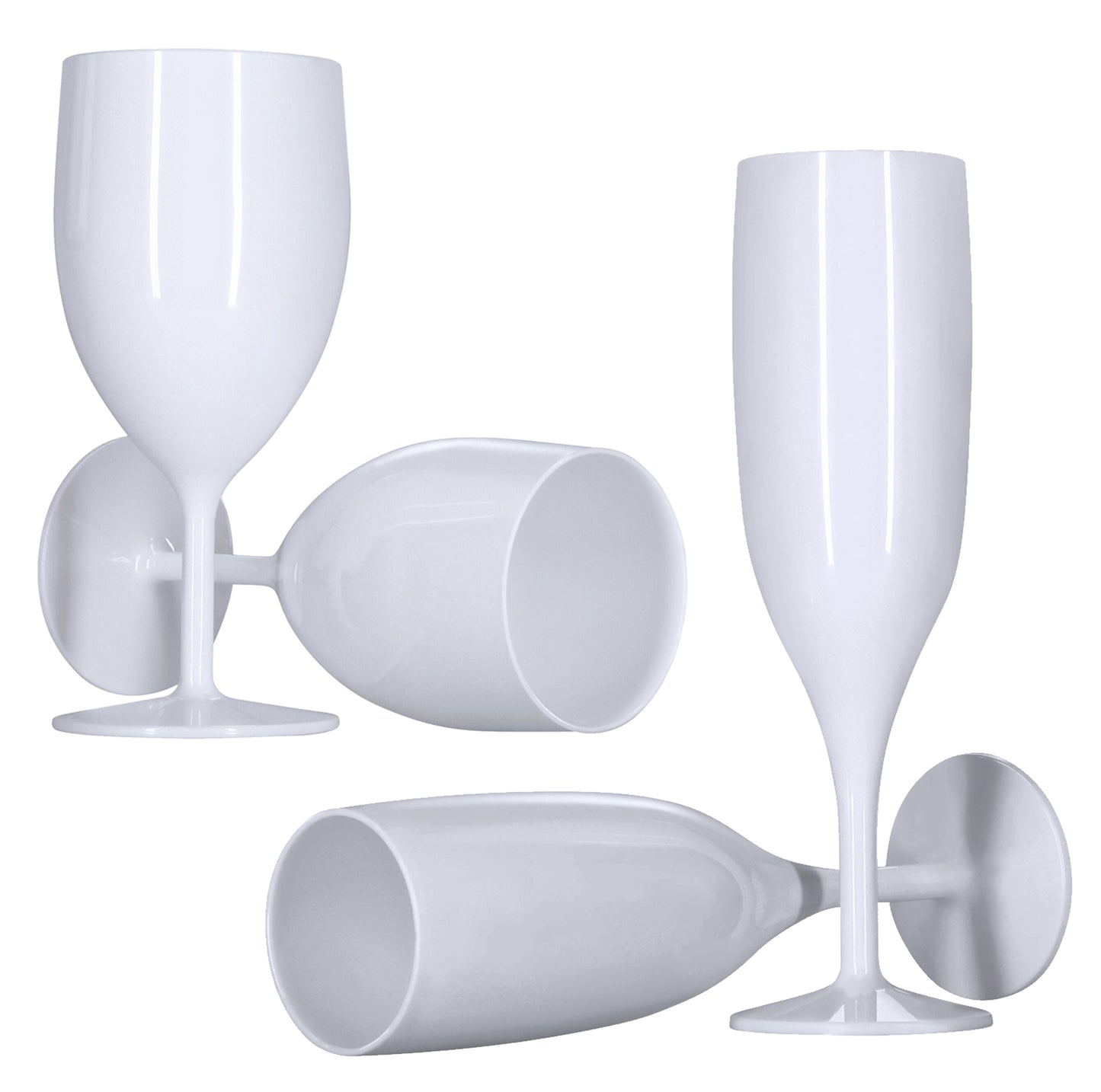 6 Flutes, 6 Wine Glasses (White) Set, Reusable Plastic