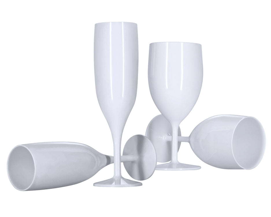 6 Flutes, 6 Wine Glasses (White) Set, Reusable Plastic