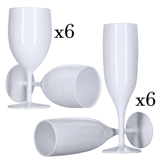 6 Flutes, 6 Wine Glasses (White) Set, Reusable Plastic