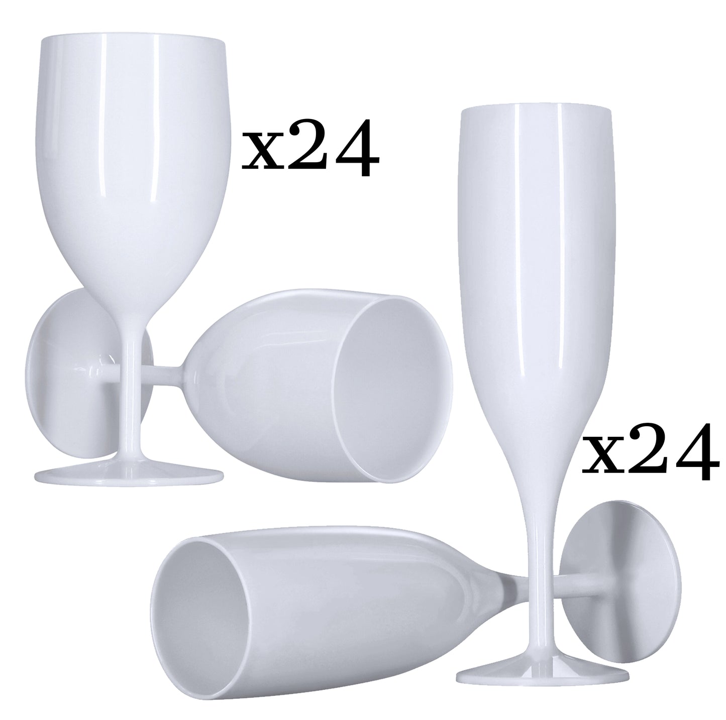 24 Flutes, 24 Wine Glasses (White) Set, Reusable Plastic