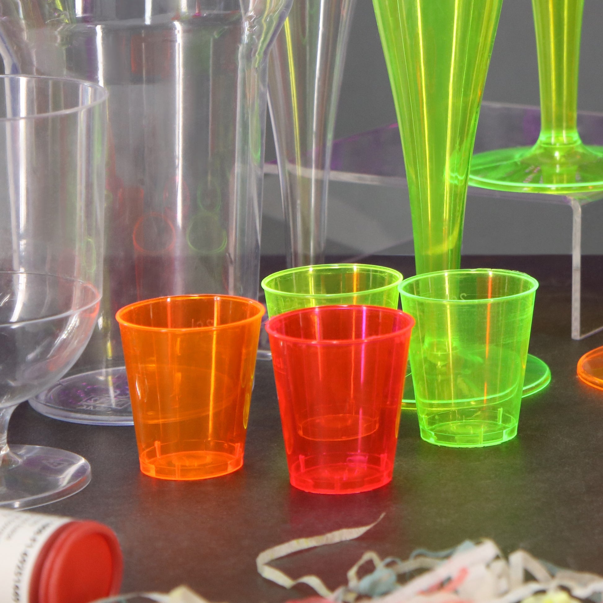 72 x Neon Plastic Disposable Shot Glasses 3cl 30ml