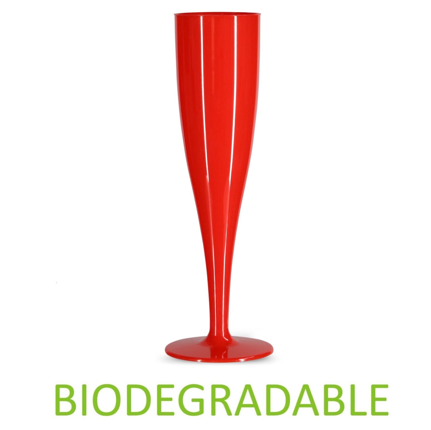 Single red champagne flute against a white background with the word biodegradable