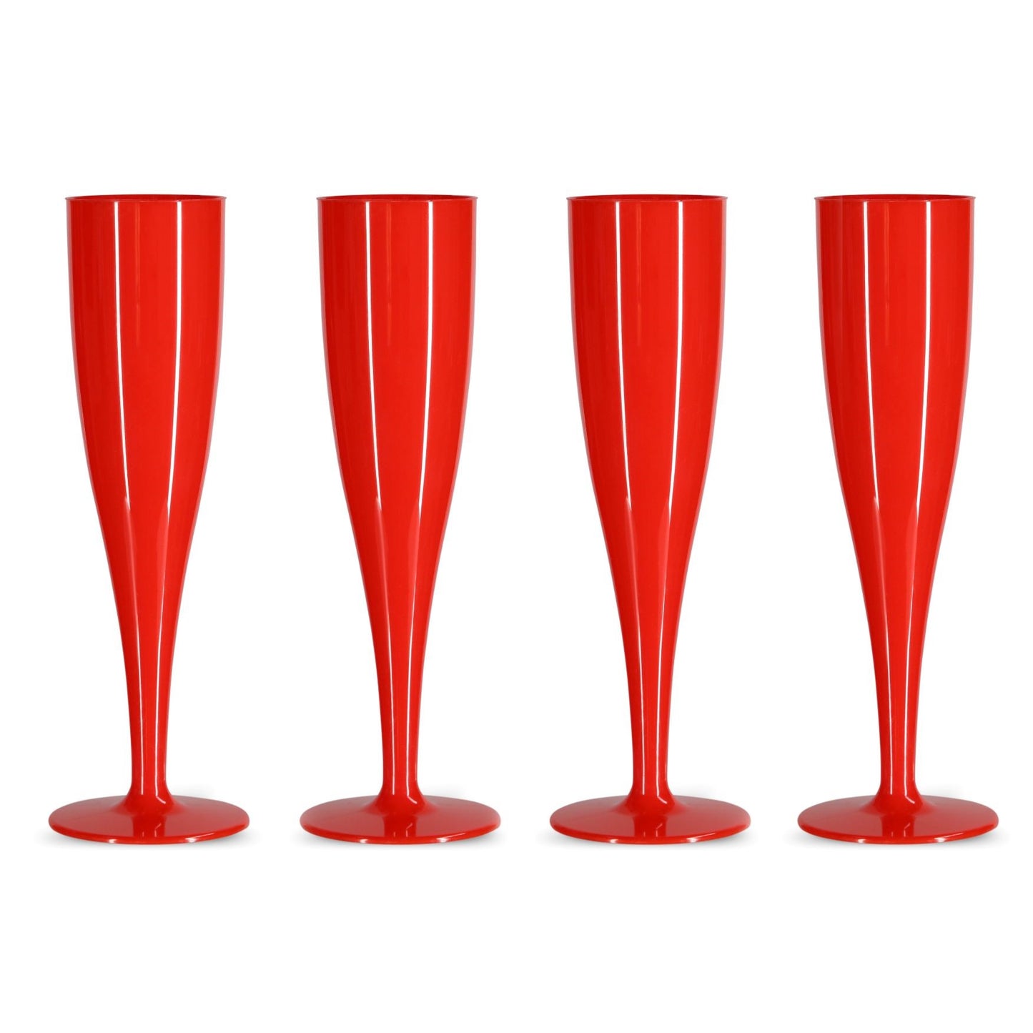 Four red champagne flutes on a white background