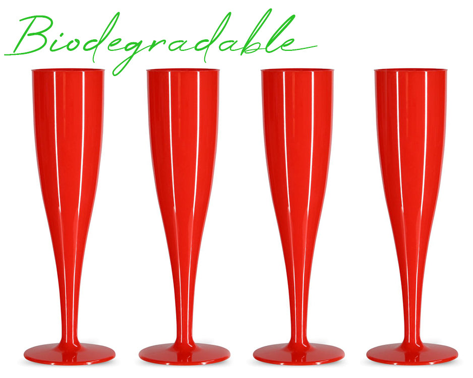 100 x Red Biodegradable Plastic Prosecco Flutes 175ml 6oz