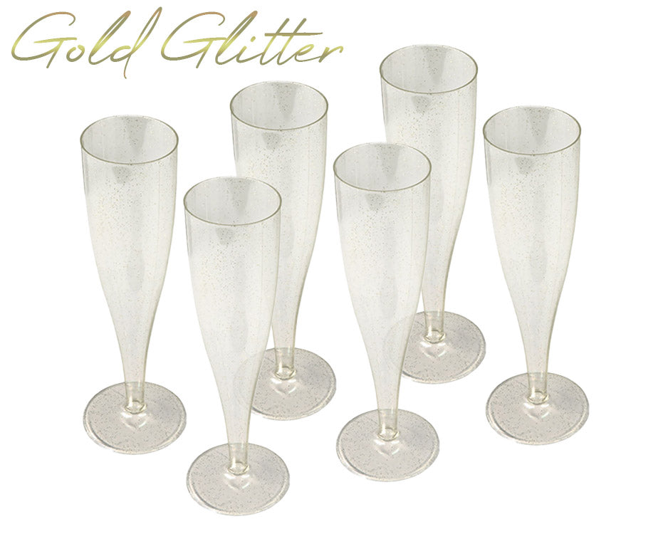 100 x Gold Glitter Disposable Plastic Prosecco Flutes 175ml 6oz