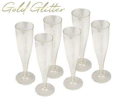 100 x Gold Glitter Disposable Plastic Prosecco Flutes 175ml 6oz