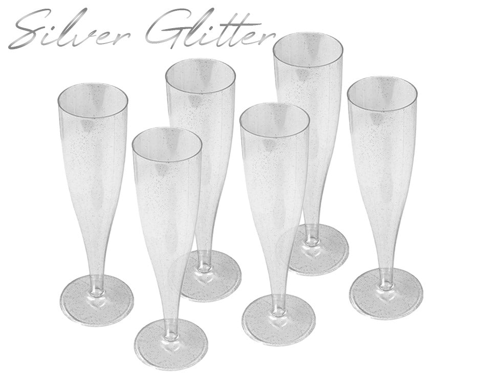 10 x Silver Glitter Disposable Plastic Prosecco Flutes 175ml 6oz