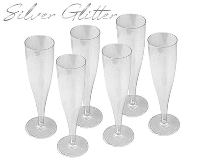 10 x Silver Glitter Disposable Plastic Prosecco Flutes 175ml 6oz