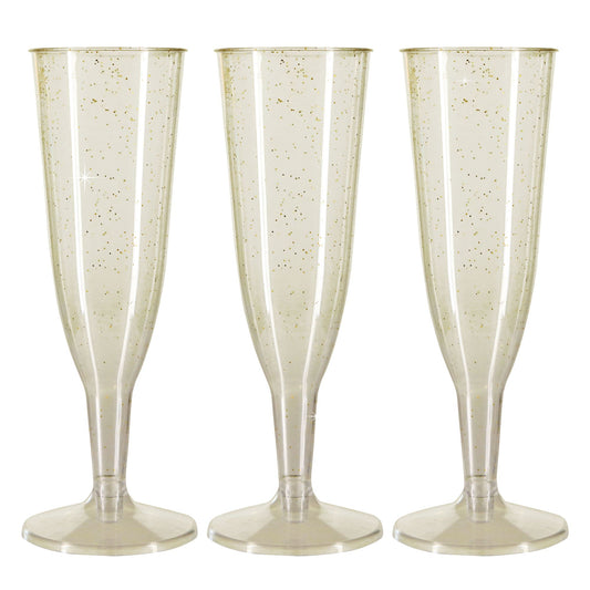 12 x Gold Glitter Plastic Disposable Prosecco Flutes 150ml