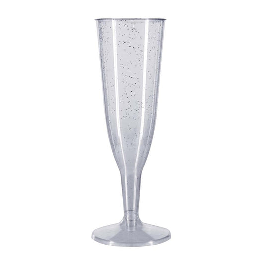 6 x Silver Glitter Plastic Disposable Prosecco Flutes 150ml 5.2oz