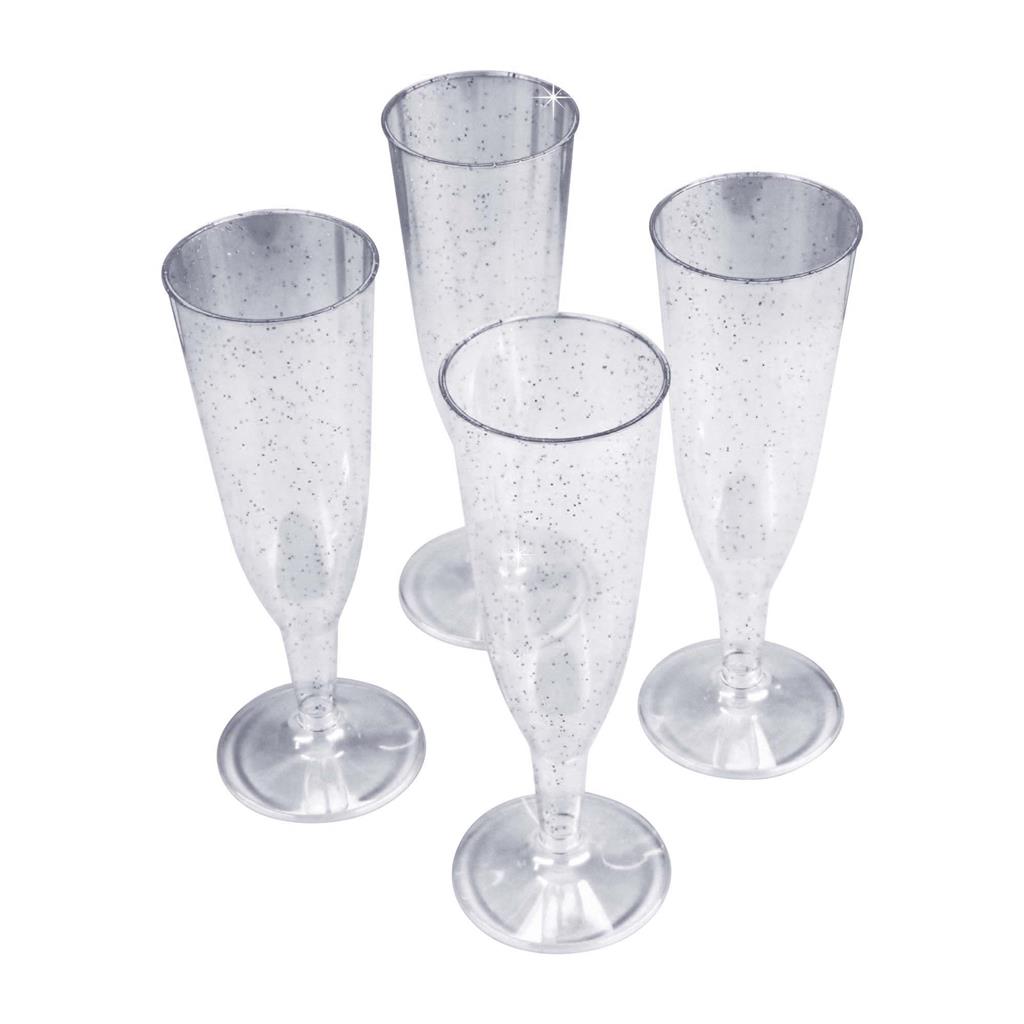 6 x Silver Glitter Plastic Disposable Prosecco Flutes 150ml 5.2oz