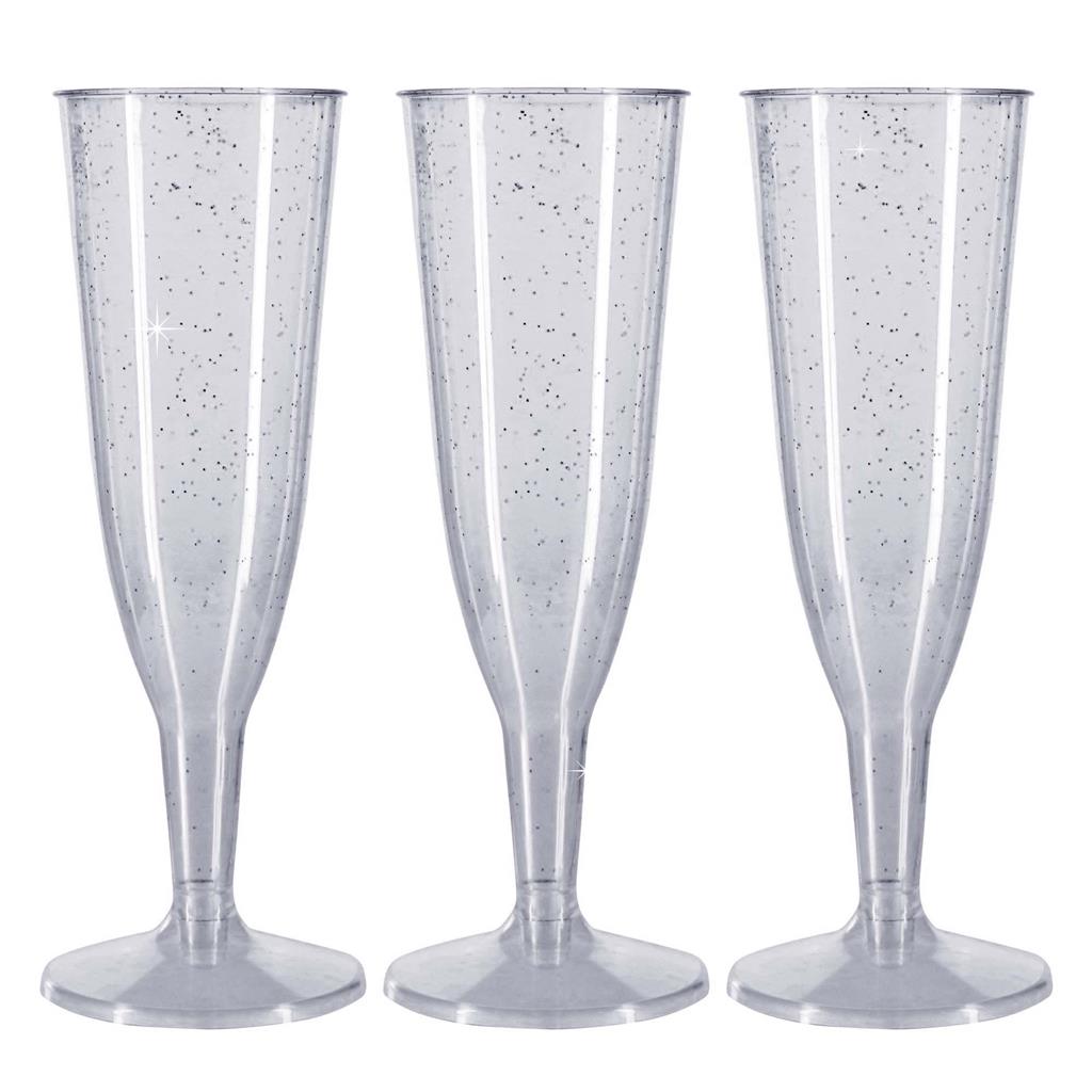 6 x Silver Glitter Plastic Disposable Prosecco Flutes 150ml 5.2oz