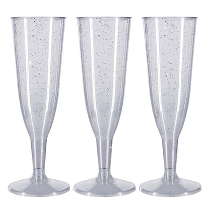 6 x Silver Glitter Plastic Disposable Prosecco Flutes 150ml 5.2oz