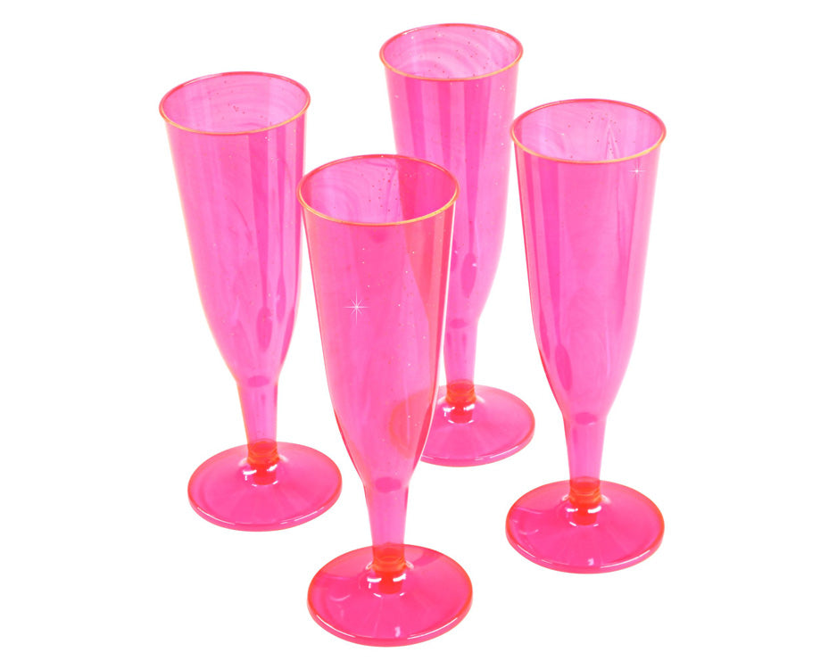 24 x Pink with Silver Glitter Disposable Plastic Prosecco Flutes 175ml 6oz