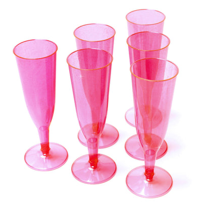 24 x Pink with Silver Glitter Disposable Plastic Prosecco Flutes 175ml 6oz