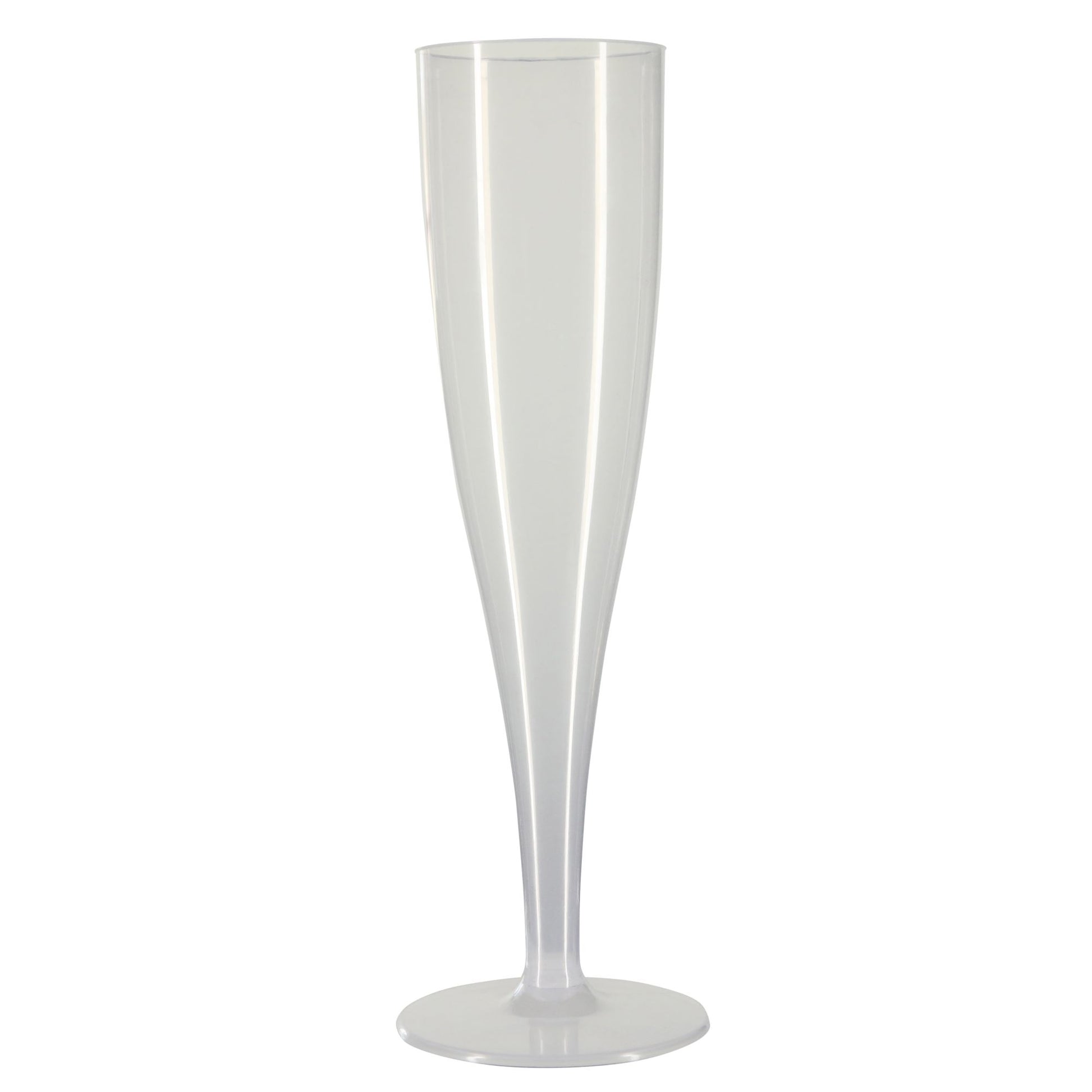 Single clear champagne flute against a white background