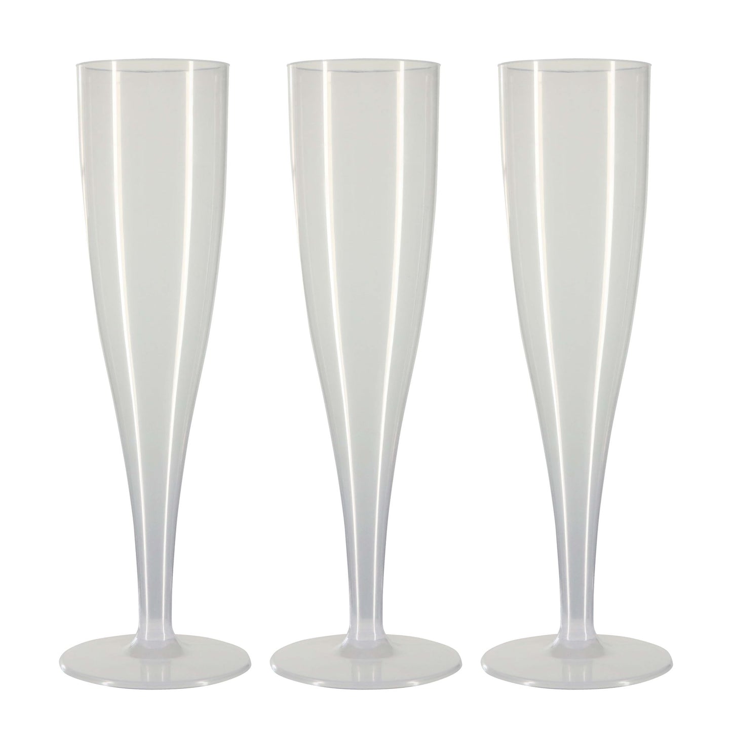 A group of three clear champagne flutes on a clear background