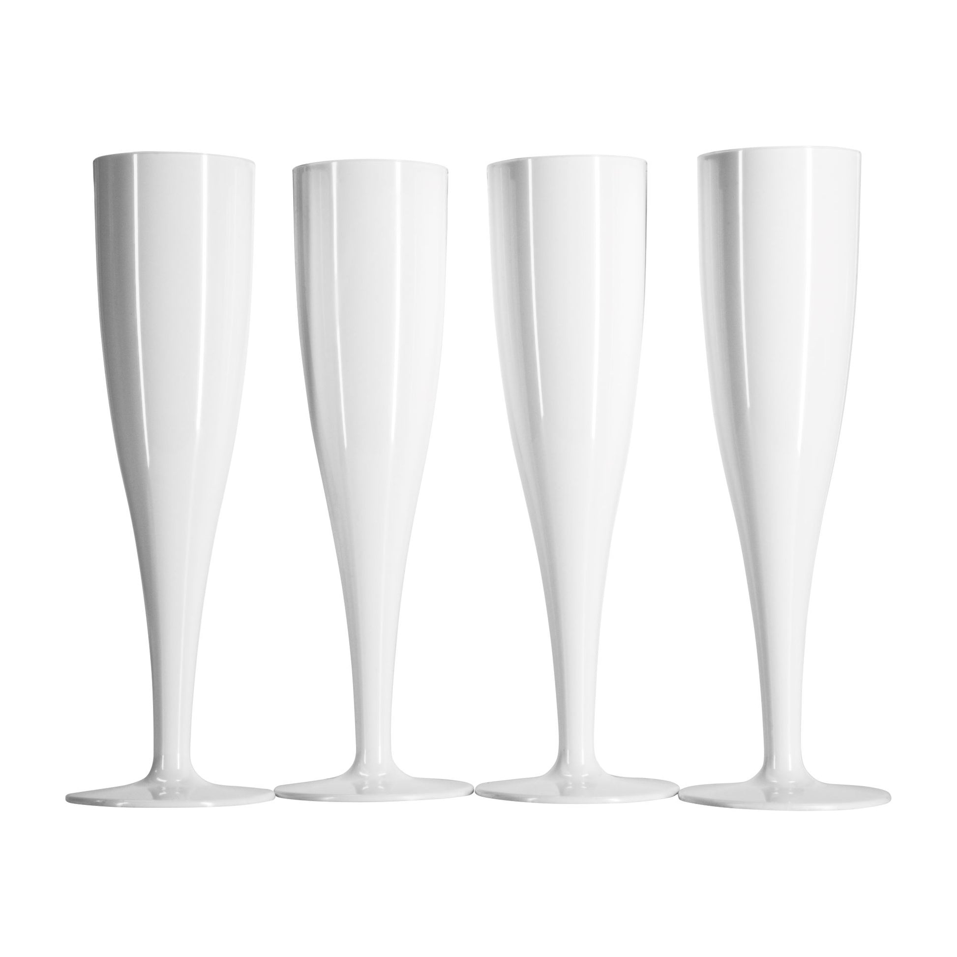 Four white champagne flutes on a white background 