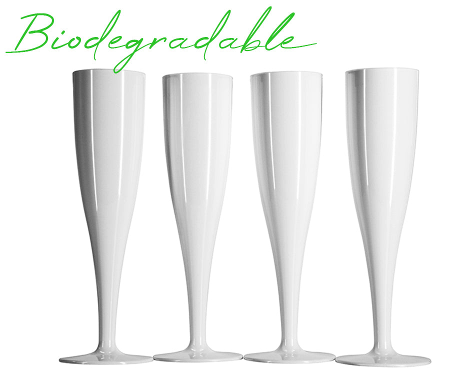 100 x White Biodegradable Plastic Prosecco Flutes 175ml 6oz