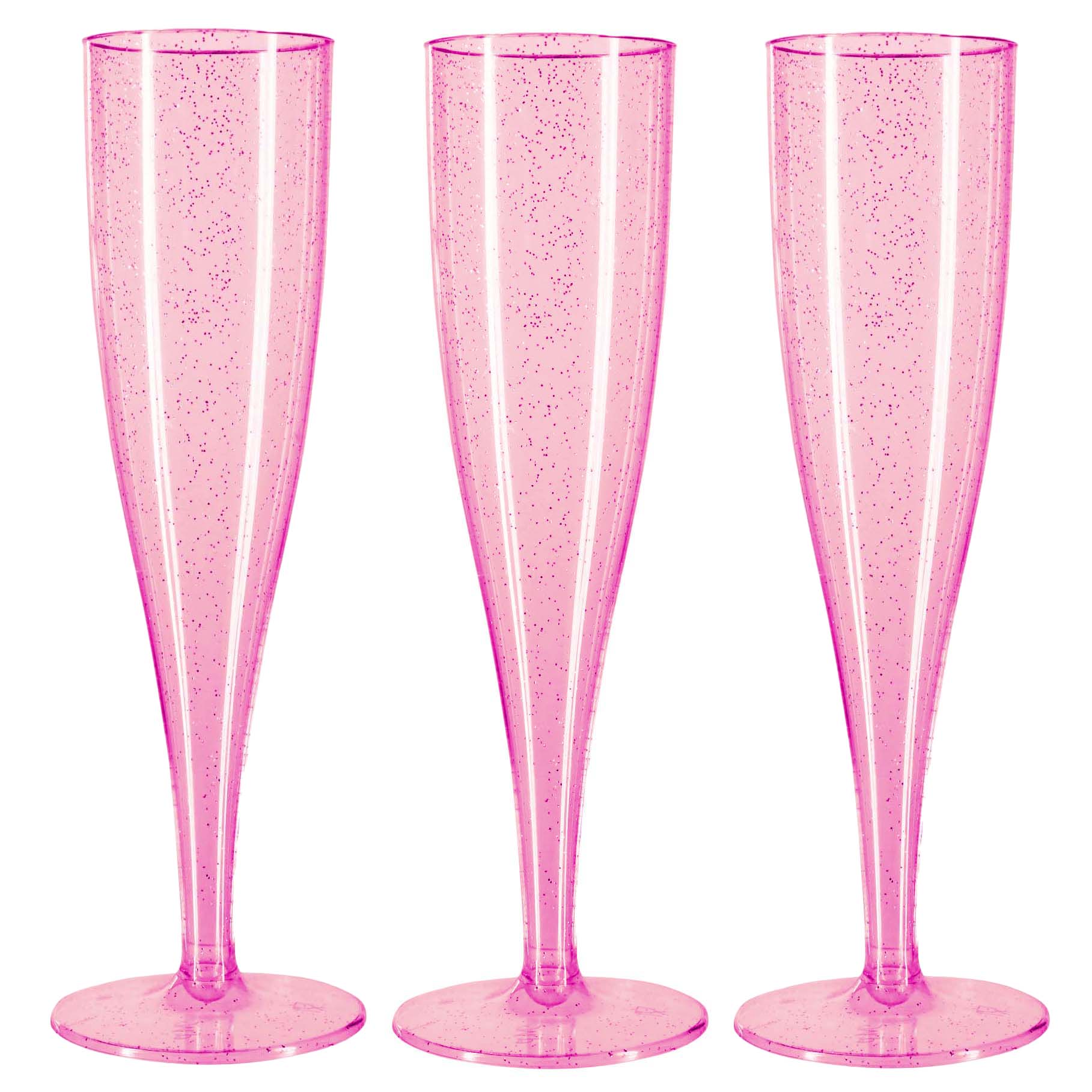 10 x Pink with Silver Glitter Disposable Plastic Prosecco Flutes 175ml 6oz