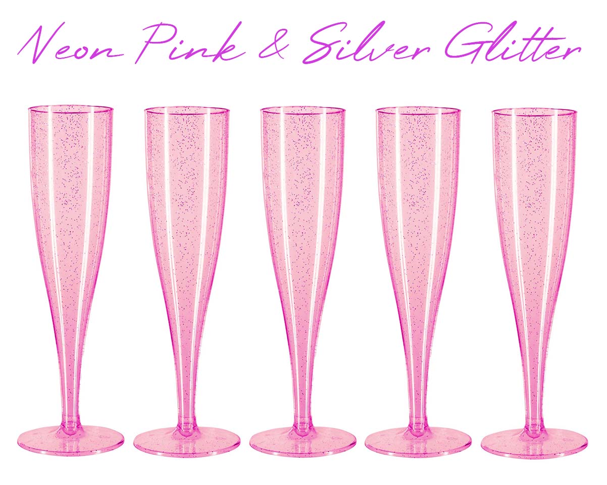 10 x Pink with Silver Glitter Disposable Plastic Prosecco Flutes 175ml 6oz