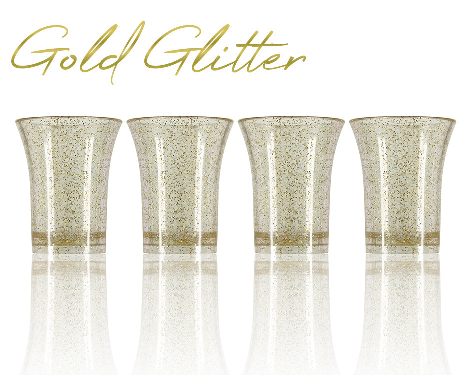 10 x Gold Glitter Plastic Reusable Shot Glasses 25ml