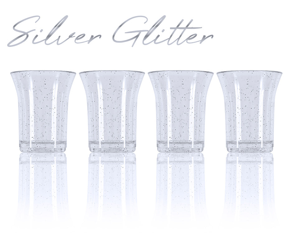 20 x Silver Glitter Plastic Reusable Shot Glasses 25ml