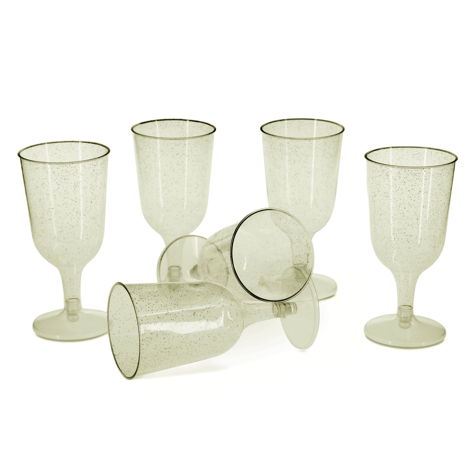 6 x Gold Glitter Plastic Disposable Wine Glasses 200ml