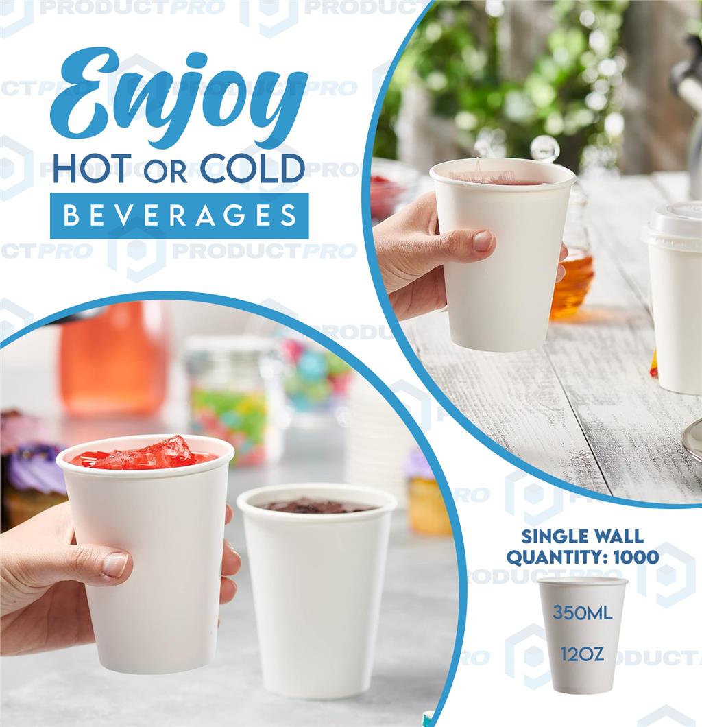 1000 x White Disposable Paper Cups for Tea, Coffee, Hot Drinks 340ml 12oz